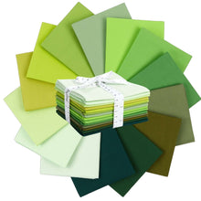 Load image into Gallery viewer, Fat Quarter Bundle of 14 shades of emerald greens in 100% cotton, ideal for quilting and crafting. Includes mix colors without duplicates.
