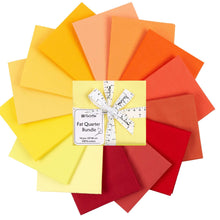 Load image into Gallery viewer, 14 Fat Quarter Bundle in Sunrise and Sunset colors, 100% cotton quilting fabric, displayed in a circle with vibrant yellow and orange hues.
