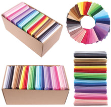 Load image into Gallery viewer, Colorful 40-piece fat quarter bundle of 100% cotton fabric for quilting and crafting, displayed in rainbow hues and eco-friendly packaging.
