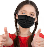 A child wearing a black disposable 3-ply filter face mask, giving a thumbs up.