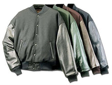 Load image into Gallery viewer, REED Varsity Leather/Wool Jackets, various colors, with leather sleeves and wool Melton body, made in USA by skilled workers
