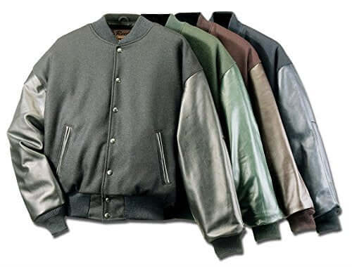 REED Varsity Leather/Wool Jackets, various colors, with leather sleeves and wool Melton body, made in USA by skilled workers