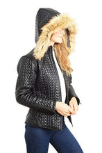 Load image into Gallery viewer, REED women&#39;s faux fur leather jacket with zip-out hood, quilted pattern, and detachable hood for a stylish winter look.
